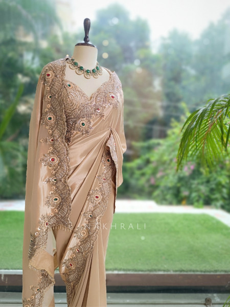 Saanvika Beige Organza Satin & Silk Satin Saree with Readymade Blouse