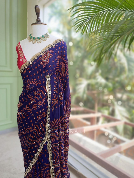 Mehrang Navy Blue Bandhani Saree with Gota Border