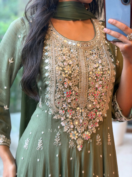 Reem Mehndi Green Anarkali Suit Set With Zari Sequin Yoke Work