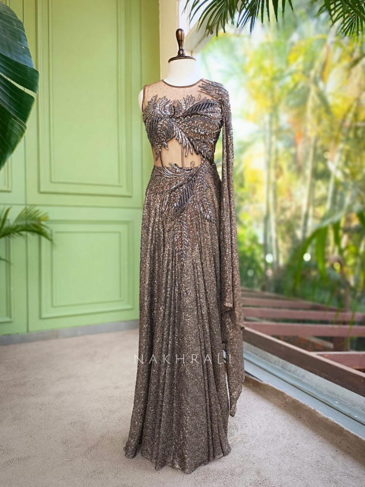 Image of Ilyra Brown Embellished Drape Gown with Cape Detail