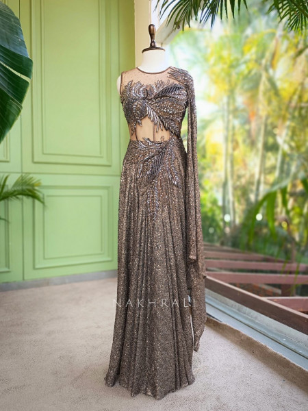 Ilyra Brown Embellished Drape Gown with Cape Detail