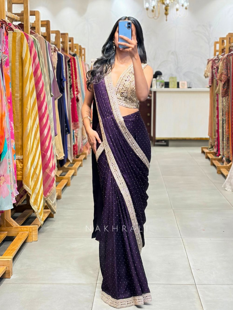 Image of Wryna Wine Drape Saree with Embroidery Mirror Work