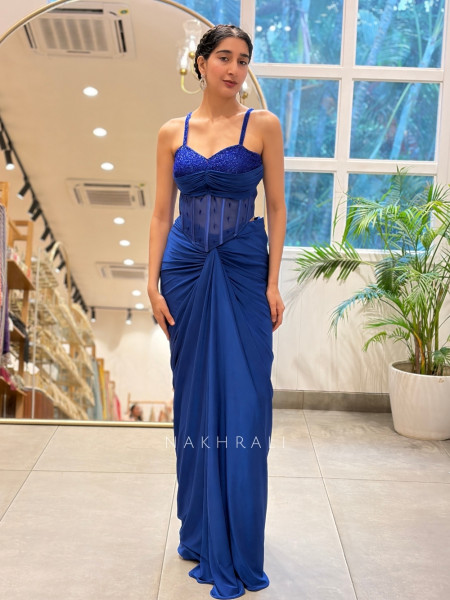 Maison Royal Blue Crop Top Skirt Set with Cut Dana Work