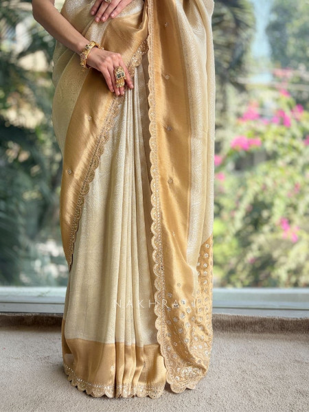 Aarshika Beige Silk Saree with Gota Zari Pallu