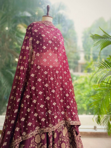 Vistara Maroon Silk Brocade Bridal Lehenga with Zari Embroidery
