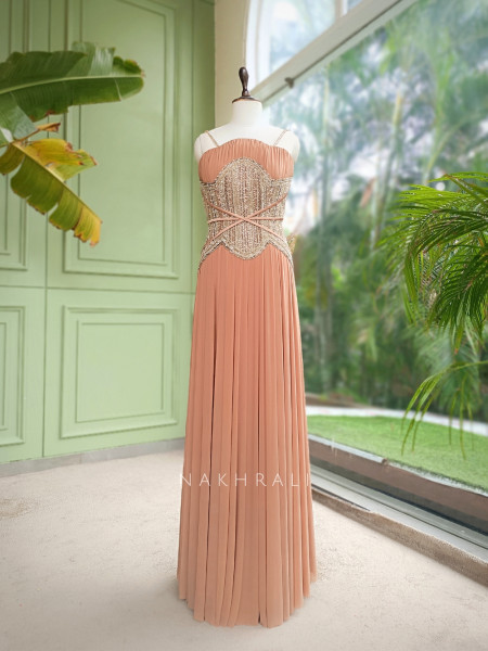 Inaya Brown Pleated Chiffon Indo-Western Gown