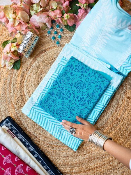 Neerja Sky Blue  Block Printed Cotton Saree