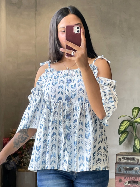 Chic Cascade Off White Color Printed Short Top with Ruffle Sleeves