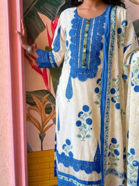 Serene Earth Blue Crochet Palazzo Suit
