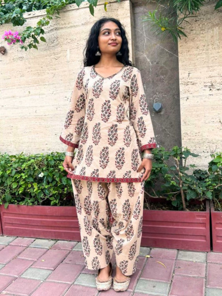 Elvarya Beige Cotton Block Print Kurti with Farsi Salwar Set