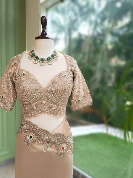 Saanvika Beige Organza Satin & Silk Satin Saree with Readymade Blouse