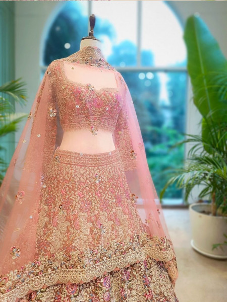 Rosaria Pink Bridal Lehenga with Zari & Sequin Embroidery
