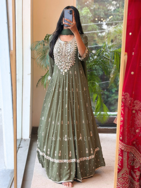 Reem Mehndi Green Anarkali Suit Set With Zari Sequin Yoke Work