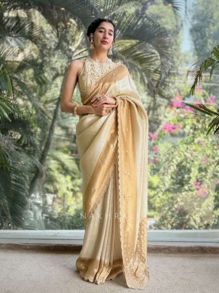 Aarshika Beige Silk Saree with Gota Zari Pallu