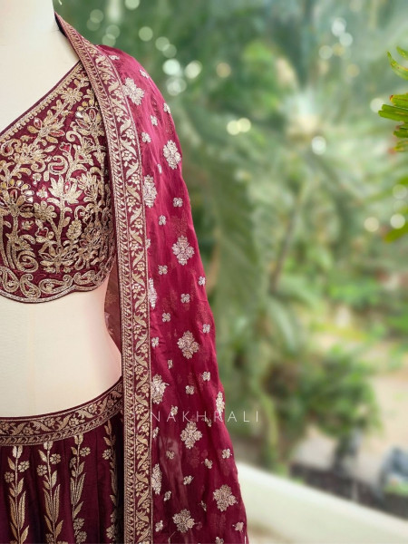 Vistara Maroon Silk Brocade Bridal Lehenga with Zari Embroidery