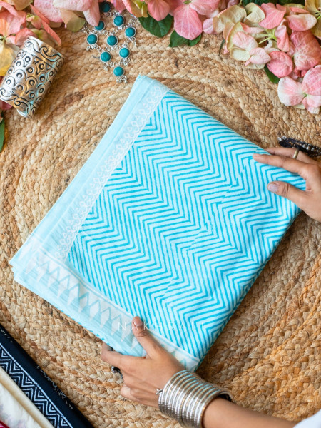 Neerja Sky Blue  Block Printed Cotton Saree