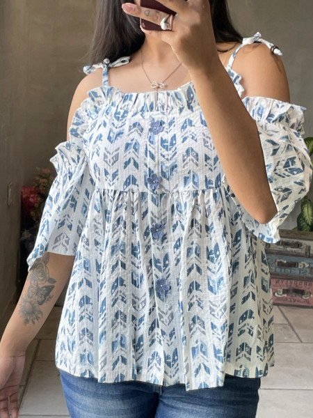 Chic Cascade Off White Color Printed Short Top with Ruffle Sleeves