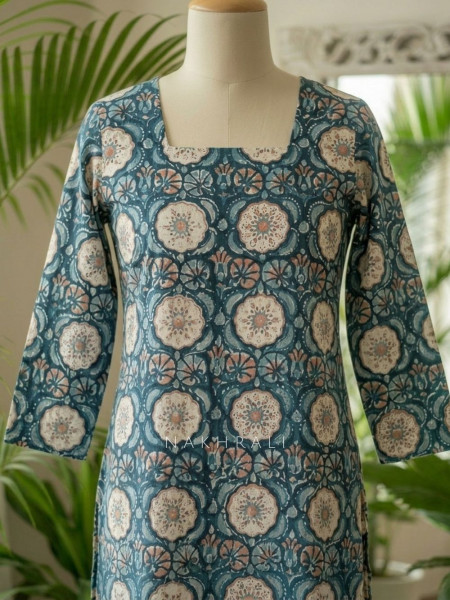Natkhat Sky Blue Printed Cotton Short Kurti