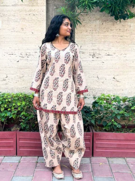 Elvarya Beige Cotton Block Print Kurti with Farsi Salwar Set