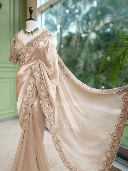 Saanvika Beige Organza Satin & Silk Satin Saree with Readymade Blouse