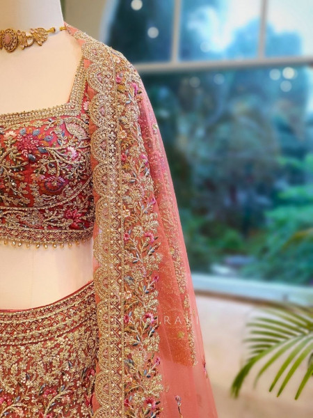 Rosaria Pink Bridal Lehenga with Zari & Sequin Embroidery