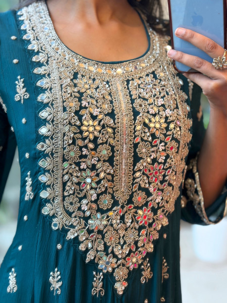 Reem Teal Blue Anarkali Suit Set With Zari Sequin Yoke Work