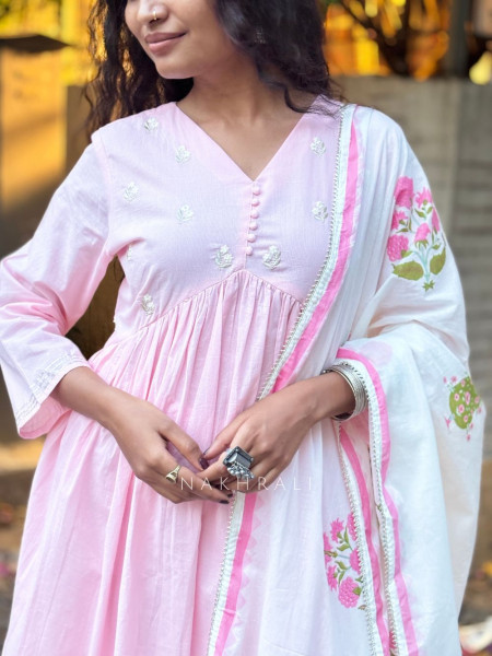 Gulistan Pink Cotton Anarkali Suit Set with Floral Dupatta