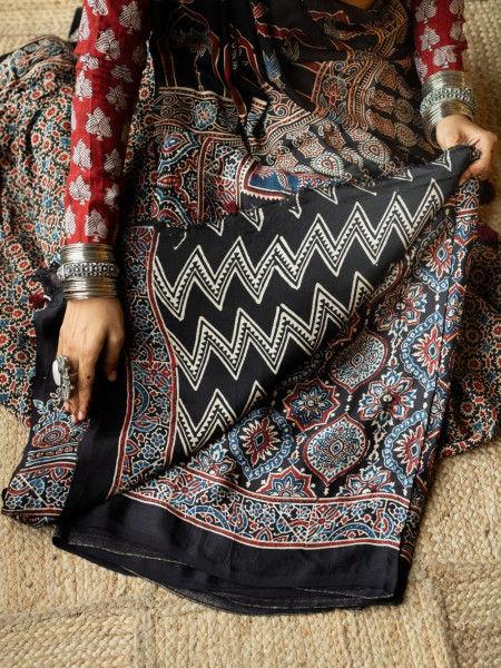 Mehr Black Modal Silk Ajrak Saree with Window Motif