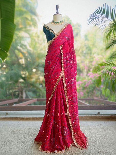 Mehrang Maroon Bandhani Saree with Gota Border