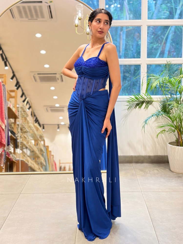 Image of Maison Royal Blue Crop Top Skirt Set with Cut Dana Work