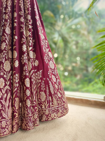 Vistara Maroon Silk Brocade Bridal Lehenga with Zari Embroidery