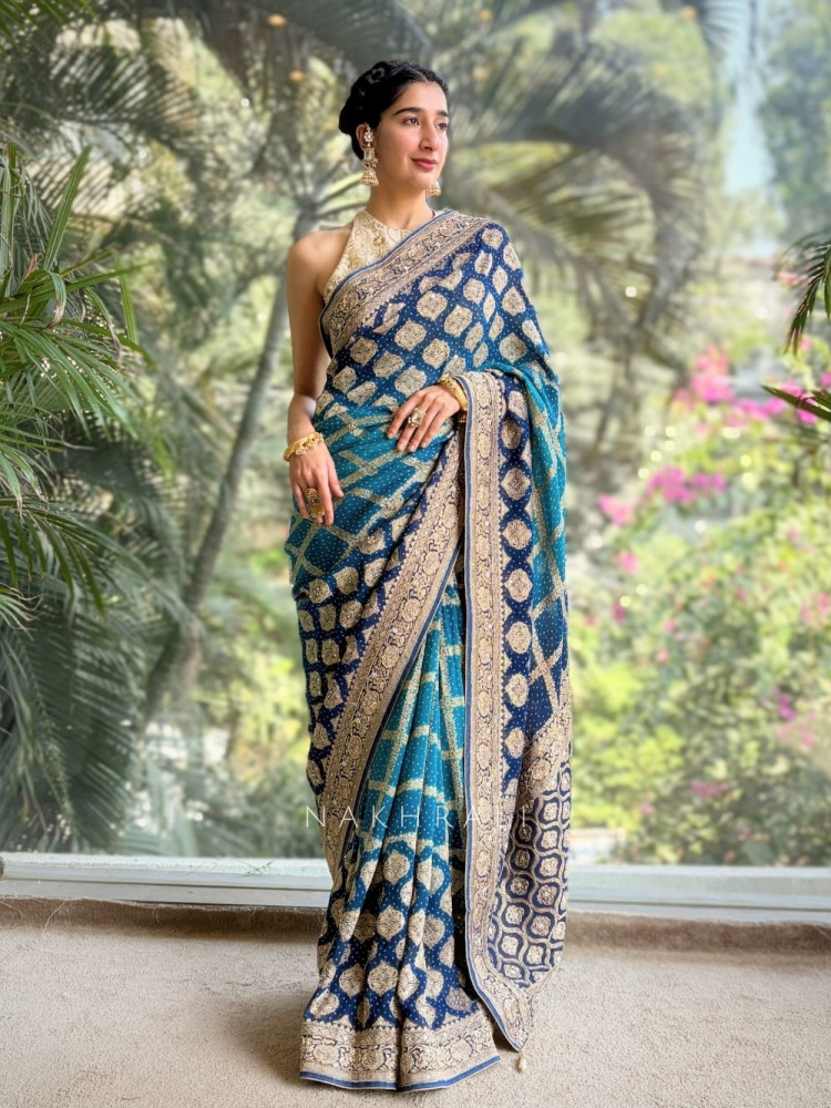 Image of Neel Tara Blue Bandhej Silk Saree with Zari Stone Border