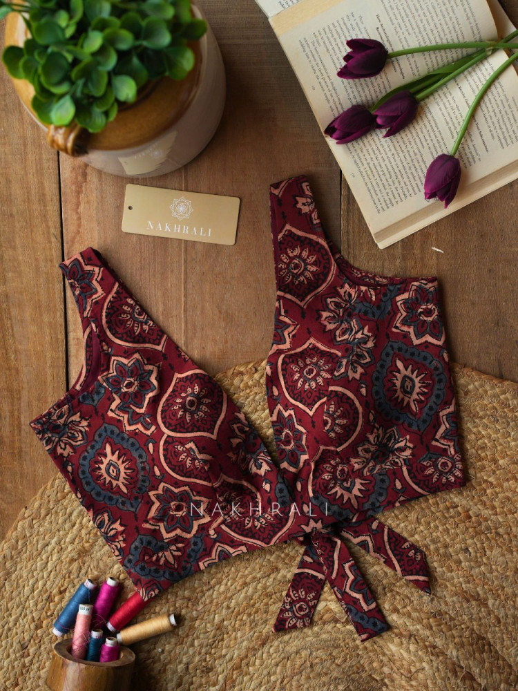 Image of Rupansh Maroon Printed Blouse with Back Bow