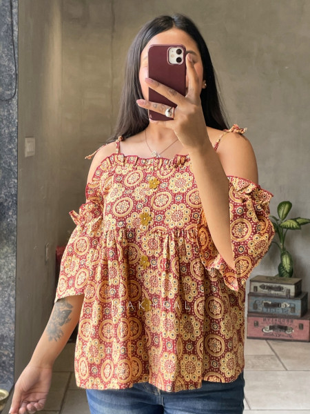 Chic Cascade Maroon Color Printed Short Top with Ruffle Sleeves