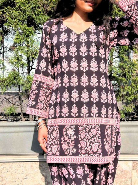 Elvar Black Cotton Block Print Kurti with Farsi Salwar Set