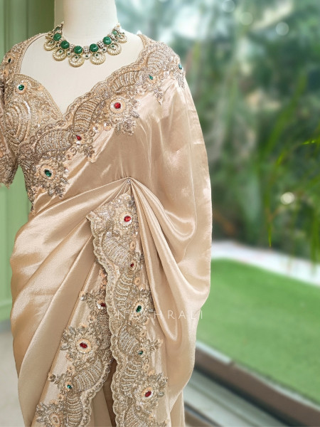 Saanvika Beige Organza Satin & Silk Satin Saree with Readymade Blouse