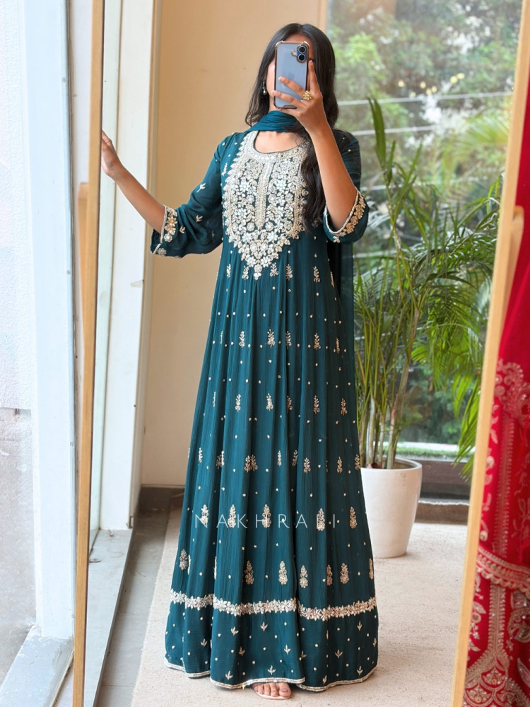 Image of Reem Teal Blue Anarkali Suit Set With Zari Sequin Yoke Work