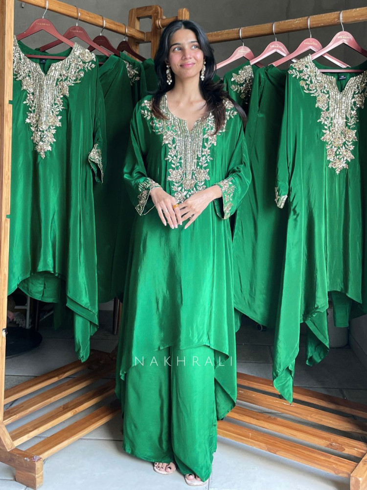 Image of Alina Emerald Green Modal Silk Kurta Pant Set