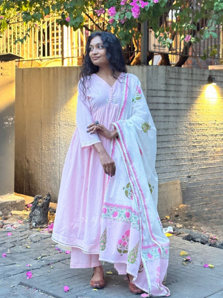 Gulistan Pink Cotton Anarkali Suit Set with Floral Dupatta