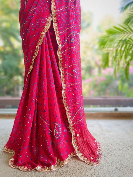 Mehrang Maroon Bandhani Saree with Gota Border