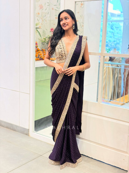 Wryna Wine Drape Saree with Embroidery Mirror Work