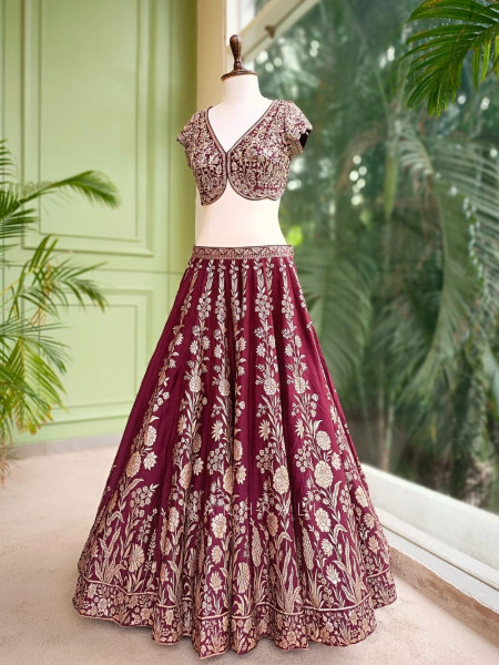 Vistara Maroon Silk Brocade Bridal Lehenga with Zari Embroidery