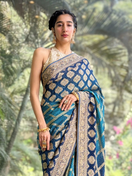 Neel Tara Blue Bandhej Silk Saree with Zari Stone Border