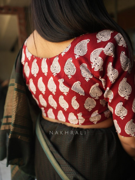 Chhapayi Red Cotton Printed Blouse with Traditional Motifs