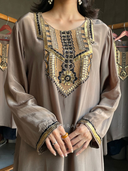 Dhritika Grey Modal Satin  Kurta Pant Set With Cutdana & Bead Work