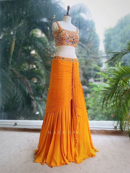 Sunlit Glow Orange Indo-Western Crop Top Skirt Set