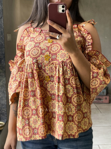 Chic Cascade Maroon Color Printed Short Top with Ruffle Sleeves