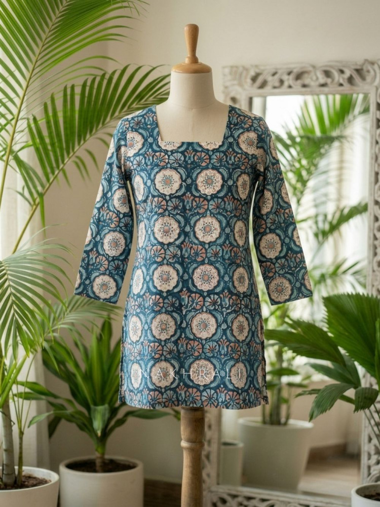 Image of Natkhat Sky Blue Printed Cotton Short Kurti