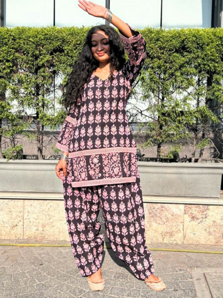 Elvar Black Cotton Block Print Kurti with Farsi Salwar Set