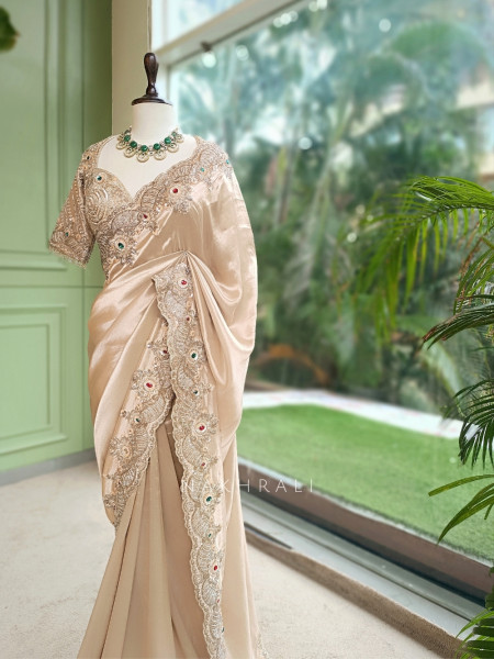 Saanvika Beige Organza Satin & Silk Satin Saree with Readymade Blouse
